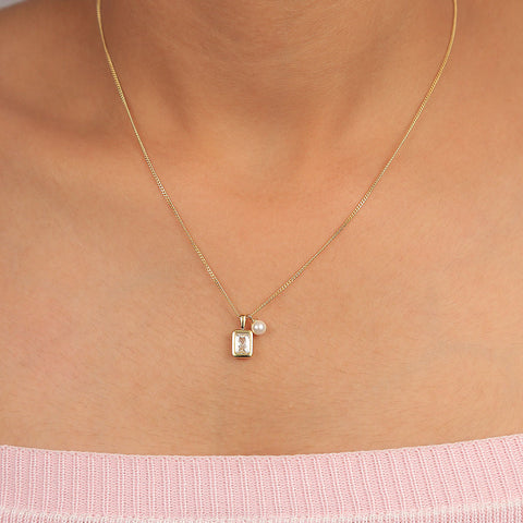 Gold Plated Emerald Cut Square With Hanging Pearl Pendant With Chain