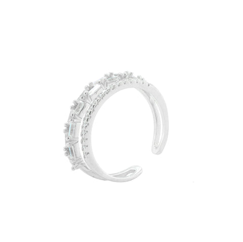 925 Sterling Silver Double Layer Baguette CZ Adjustable Ring for Women