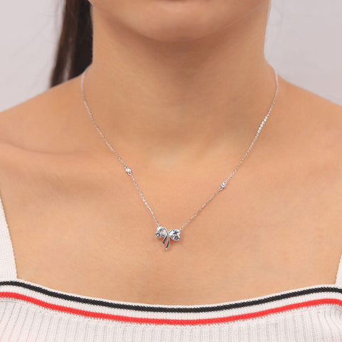 Silver Crystal Bow Cz Pendant With Chain