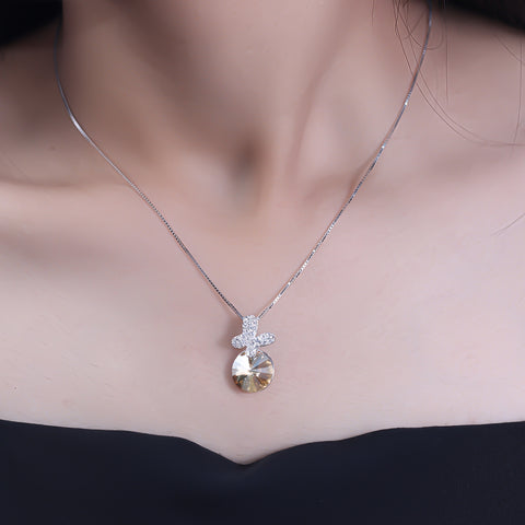 Butterfly With Yellow Round Crystal Silver Pendant With Chain