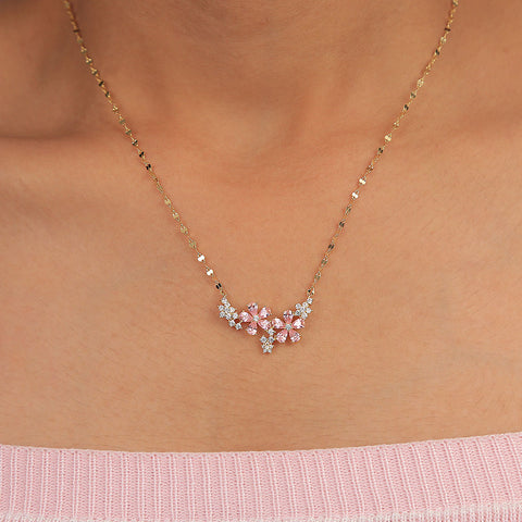 Gold Plated Pink and White Diamonds Flower Pendant With Chain