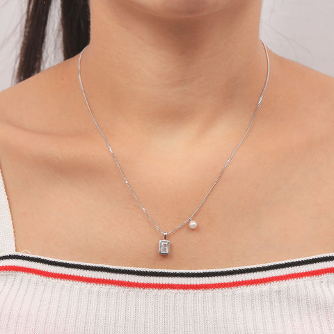 Silver Emerald Cut Square With Hanging Pearl Pendant With Chain