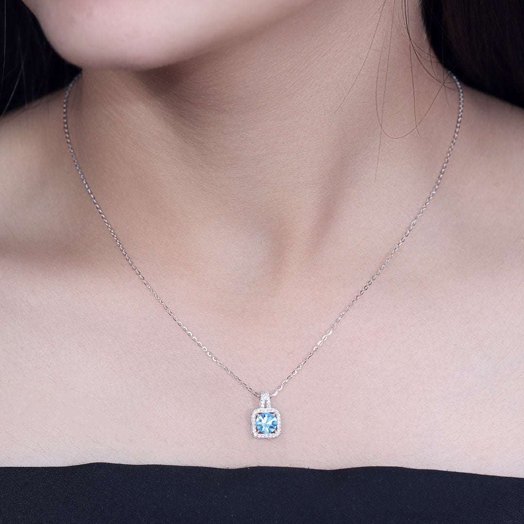 Silver blue sapphire square diamond pendant with chain