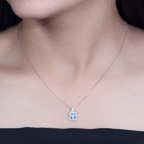 Silver Blue Sapphire Square Pendant With Chain