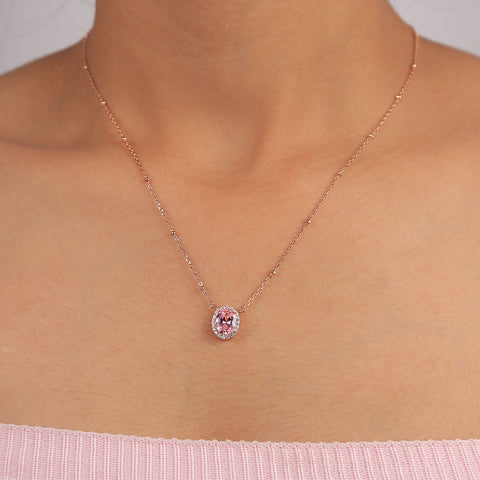 Rose Gold Plated Pink Sapphire Round Pendant With Chain