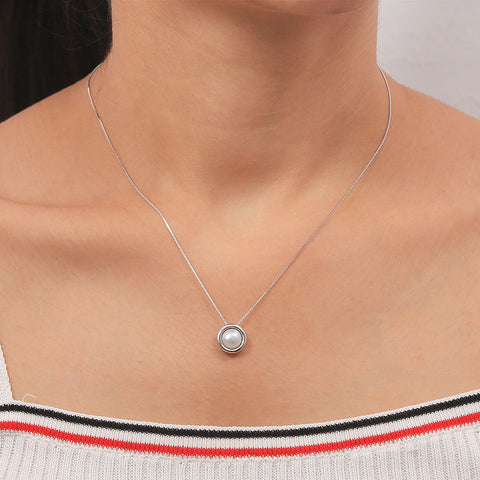 Silver Round Stud Pearl Pendant With Chain