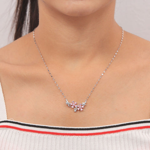 Silver Pink And White Diamond Flowers Pendant With Chain