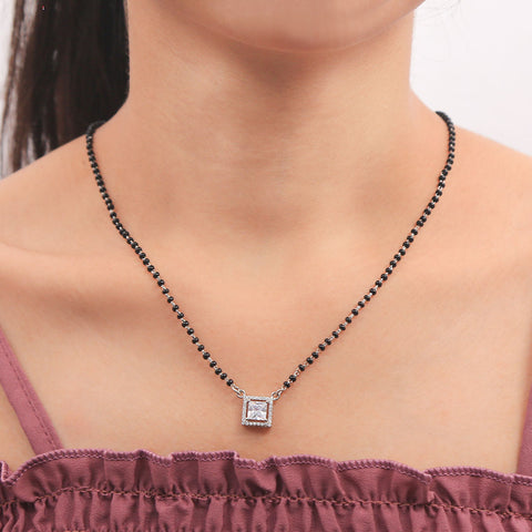 Silver Emerald cut Square Diamond Mangalsutra & Earrings Set