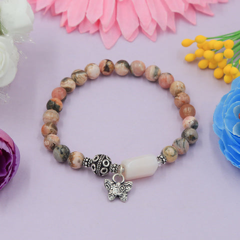 Rose Crystal Zebra Jasper Stretch Bracelet in Sterling Silver Bali Beads and Butterfly