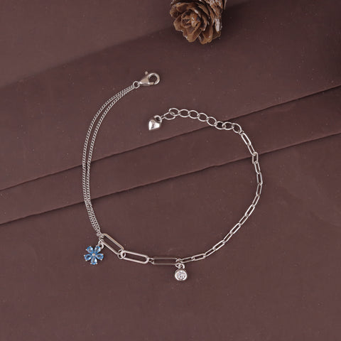 925 Sterling Silver Dual Chain Flower Charm Bracelet for Women