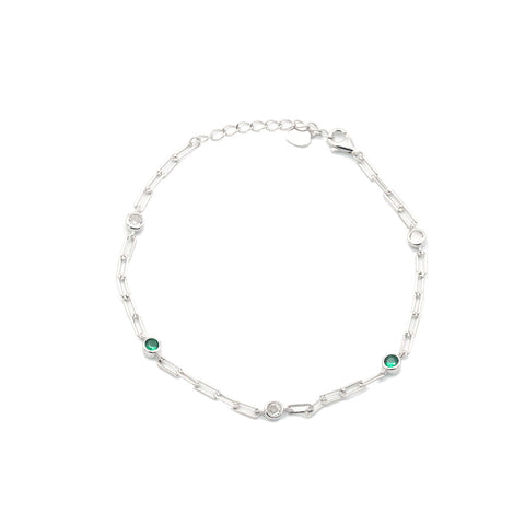 Silver paperclip chain birthstone green and white charm bracelet