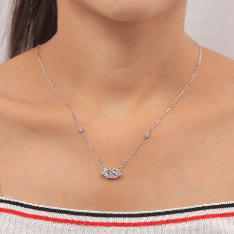 Silver Prong Set Thee Square Diamond Bow Pendant With Chain