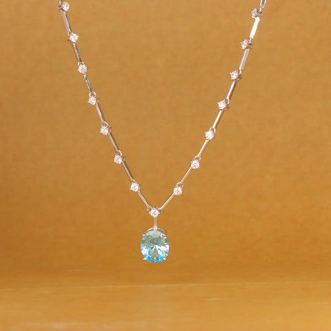 Silver CZ Round Brilliant Station Blue Oval Shape Sapphire Necklace