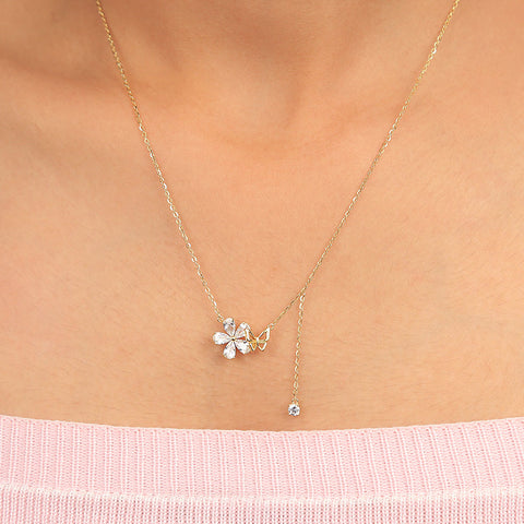 Gold Plated Flower With Small Butterfly Pendant With Chain