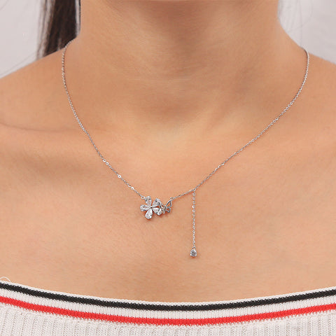 Silver Cz Flower With Butterfly Pendant With Chain