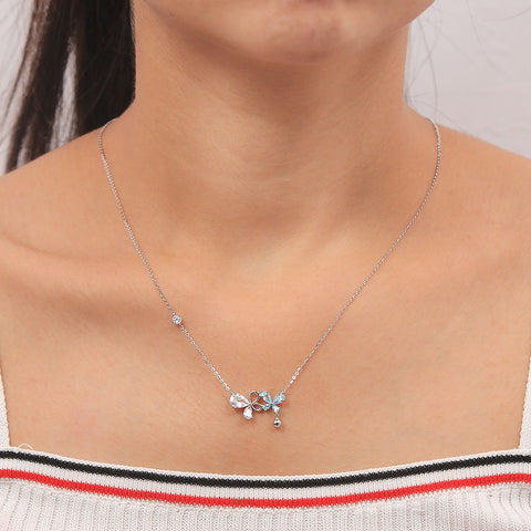 Silver Cubic Zirconia With Blue Dual Butterfly Pendant With Chain