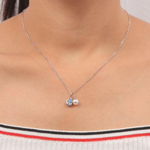 Silver Hanging Pear Shape Blue Sapphire Drop With Pearl Pendant With Chain