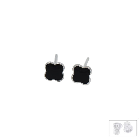 Four Leaf Clover Black Stud Silver Earrings