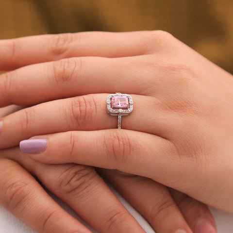 Silver Prong Set Pink Sapphire Diamond Ring