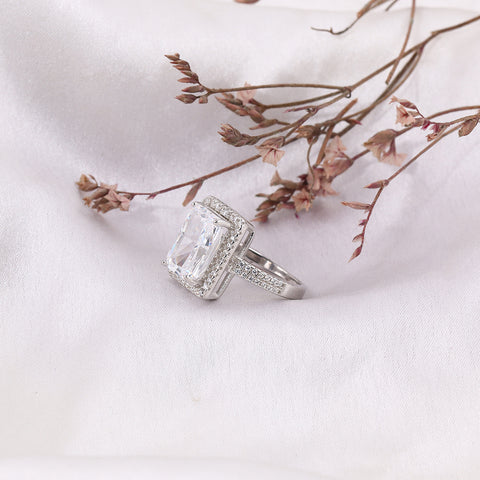 Silver White Sapphire Square Bar Diamond Ring