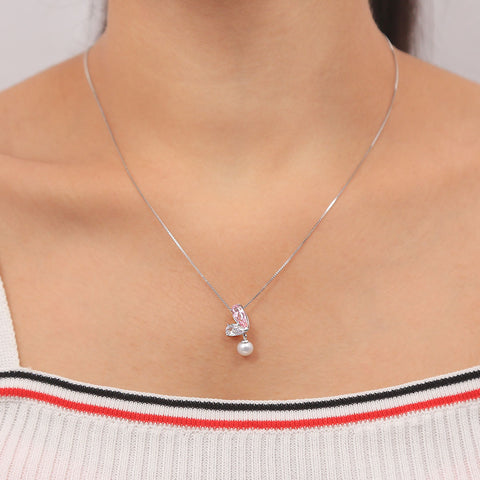 Silver Pink and White Pear Shape Heart Sapphire and Hanging Pearl Pendant With Chain