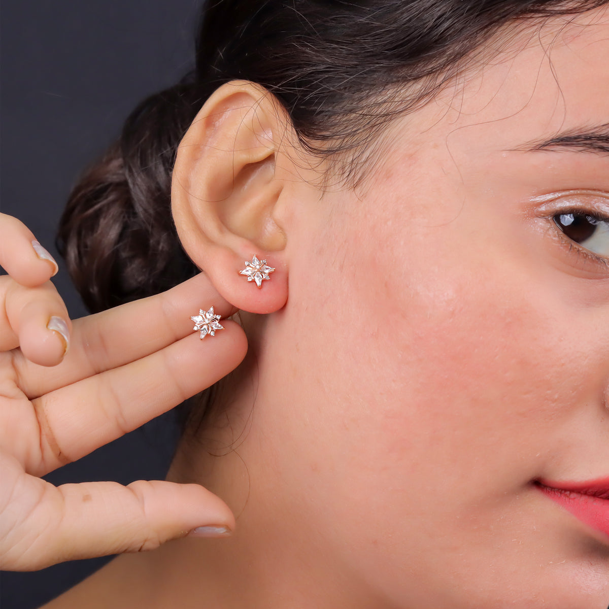 925 Sterling Silver CZ Solitaire Floral Stud Earrings