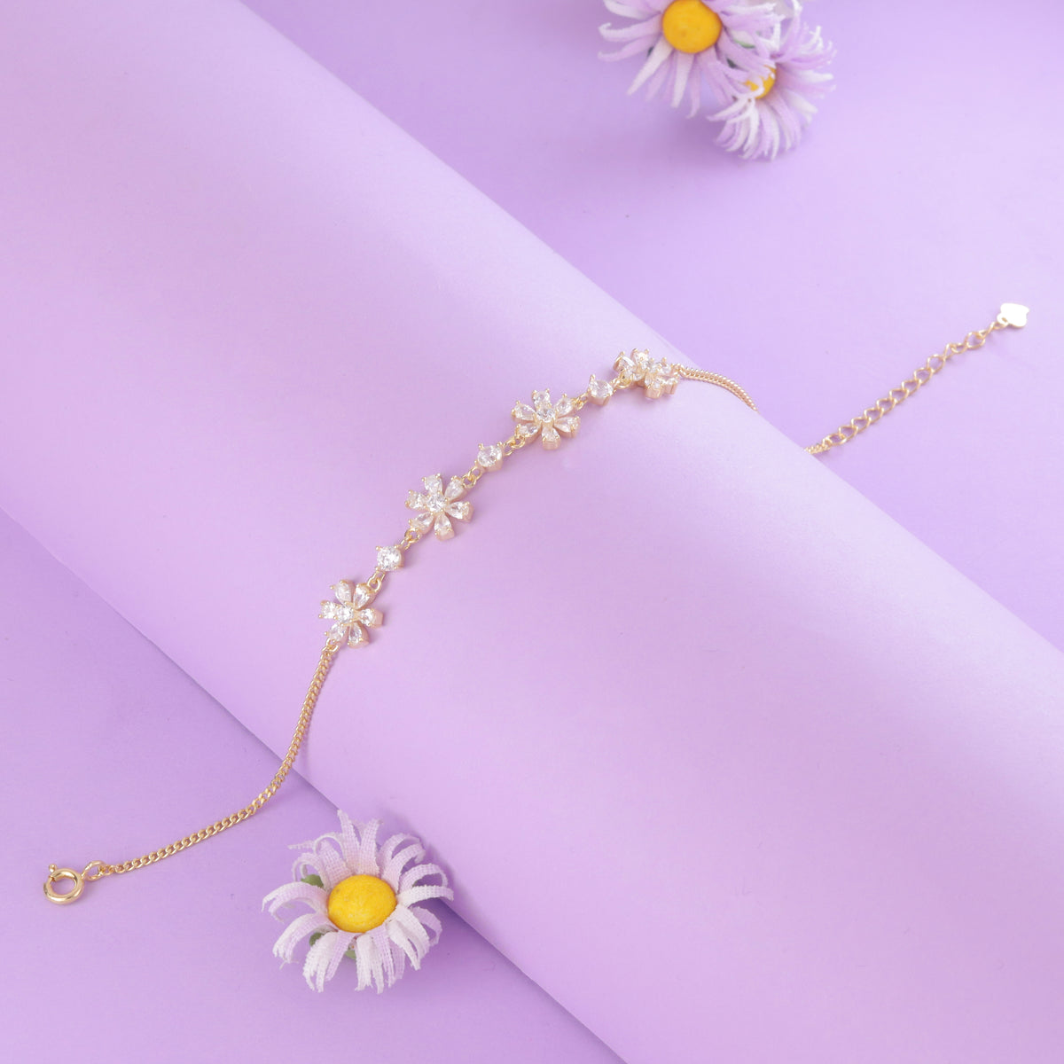 18K Gold-Plated Floral CZ Bracelet for Women
