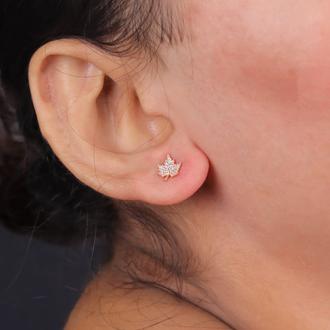 925 Sterling Silver Rose Gold Plated Maple Leaf CZ Stud Earrings
