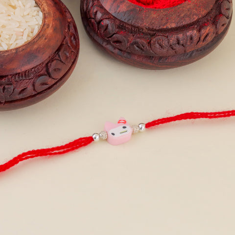 Lucky Cat With Silver Beads Kids Rakhi