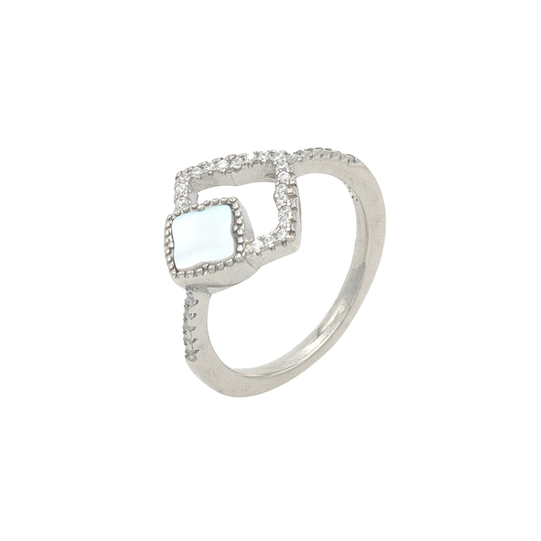 Silver Double Rhombus shape diamond ring with mother of pearls