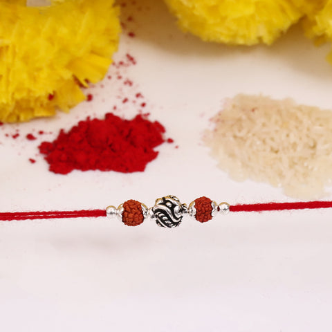 Silver Curve Design Bali Beads Rudraksha With Moti Rakhi