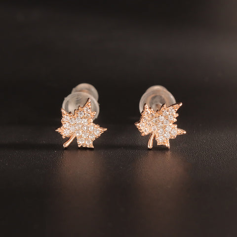 925 Sterling Silver Rose Gold Plated Maple Leaf CZ Stud Earrings