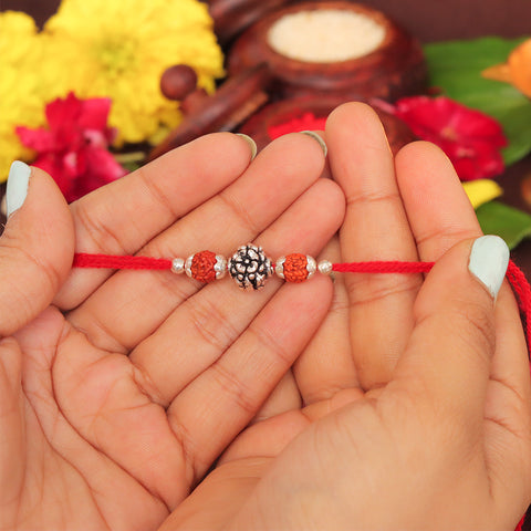 Silver Shiny Flower Shape Rudraksha Pure Silver Rakhi for Brother