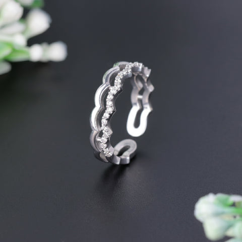 925 Sterling Silver Scalloped Adjustable CZ Ring for Women