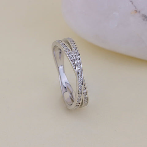925 Sterling Silver Criss-Cross Diamond Band Ring for Women