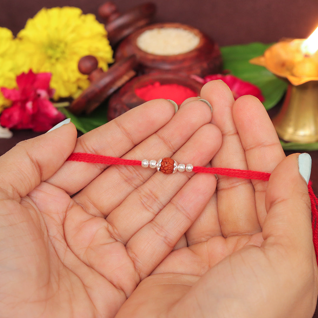 Single Rudraksha With Silver Beads Pure Silver Rakhi for Brother