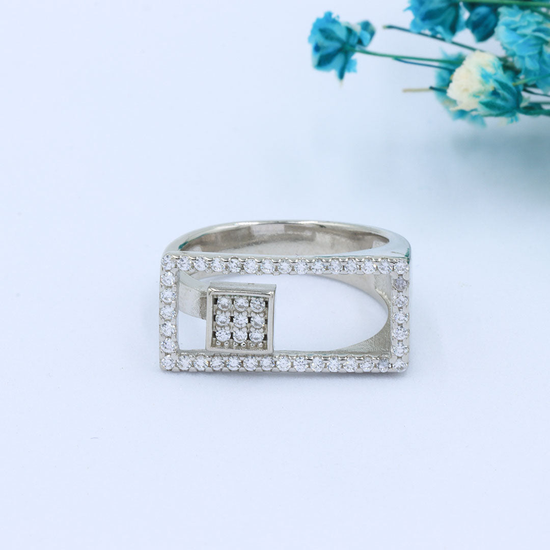 Silver double square diamond ring