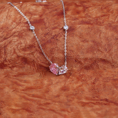 Pink and White Sweet Heart Bow Pendant With Chain