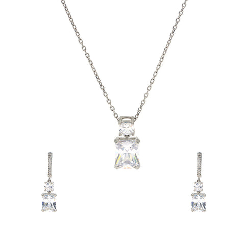 Silver High Studded Square Diamond Necklace With Earrings Set