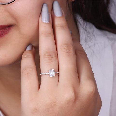Silver Emerald Cut Halo Diamond Ring