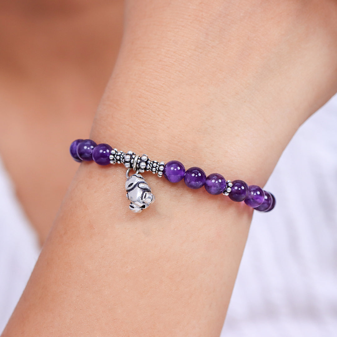 Purple Gems Stone Stretch Bracelet in Sterling Silver Teddy Bear