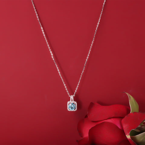 Silver Blue Sapphire Square Pendant With Chain