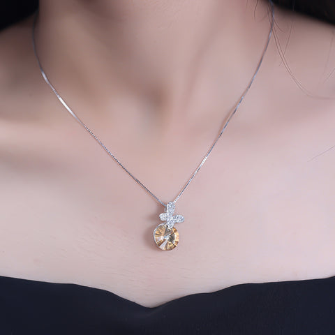 Butterfly With Yellow Round Crystal Silver Pendant With Chain