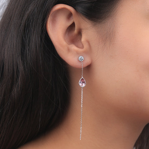 Silver Diamond Link Pink Drop Hanging Earrings