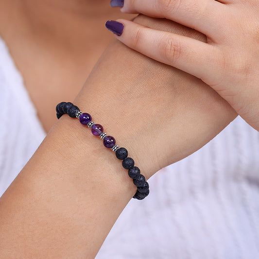 Purple and Lava Stone Stretch Bracelet in Sterling Silver