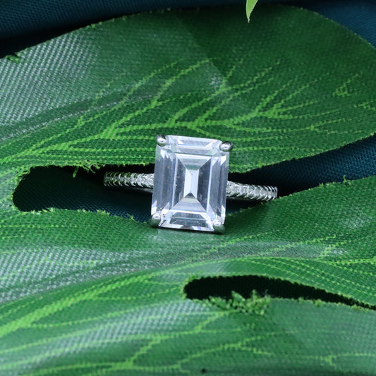 Silver White Square Emerald Cut Diamond Ring