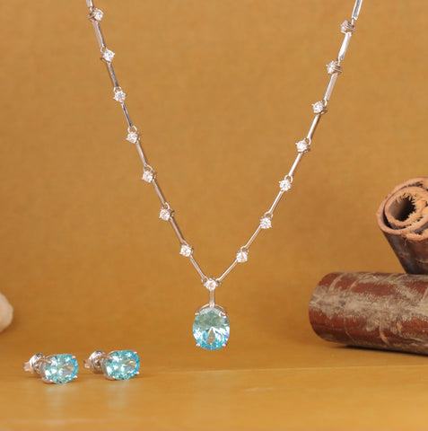 Silver CZ Round Brilliant Station Blue Oval Shape Sapphire Necklace