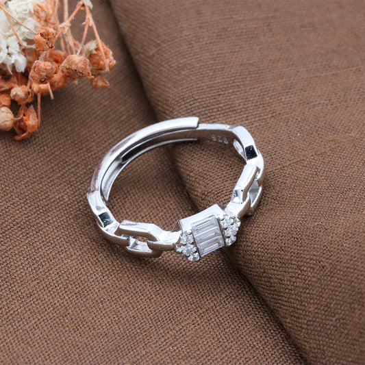 Silver Emerald Cut Diamond Chain Link Adjustable Ring