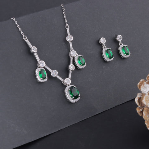 925 Sterling Silver Royal Green Necklace & Earrings Set