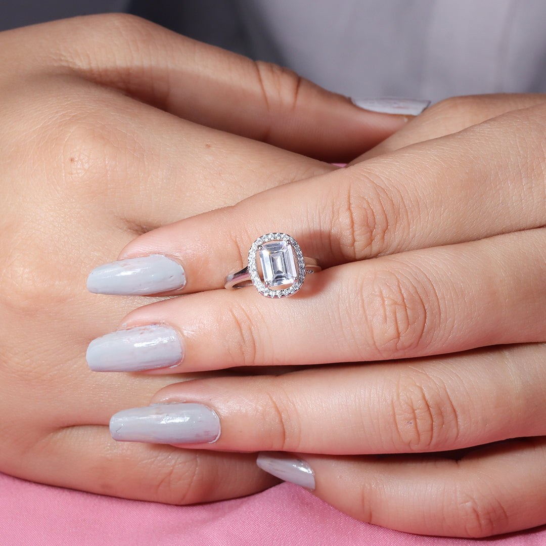 925 Silver Oval Shape Emerald Cut Center Stone Diamond Ring